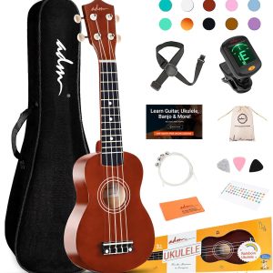 ADM Ukulele for Beginners Hawaiian Wood Ukelele Kit for Kids Adult Student Starter Professional Ukalelee Pack Bundle with Free Lessons Gig Bag Strap Nylon String Tuner (Brown, 21 Inch)